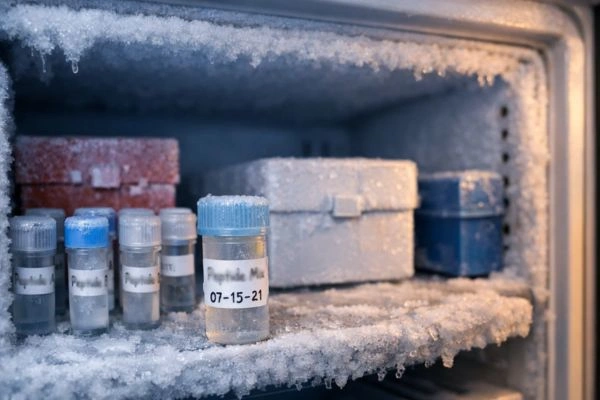 Labeled peptide vials stored in laboratory freezer