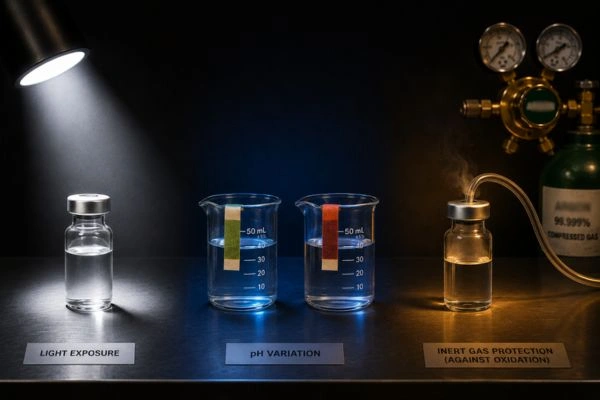 Three environmental stressors affecting peptide stability demonstrated visually