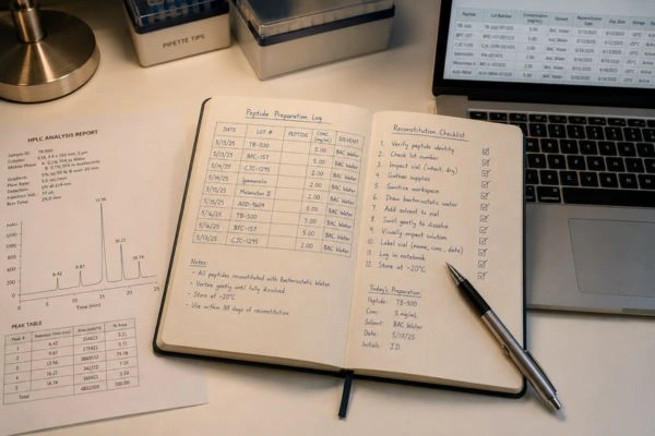 Lab notebook and HPLC chromatogram documenting peptide quality