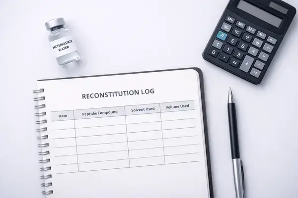 Lab notebook with reconstitution log for bacteriostatic water concentration calculations