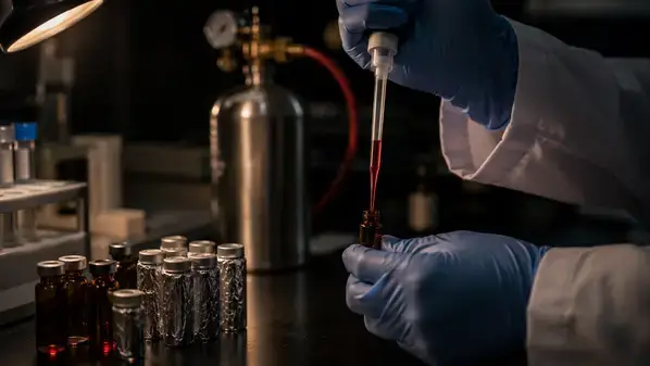 Researcher aliquoting cobalamin into amber vials under low light conditions