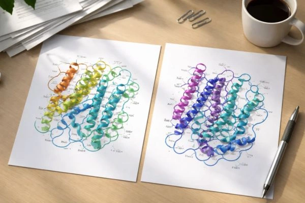 Comparing peptide structure diagrams on researcher desk