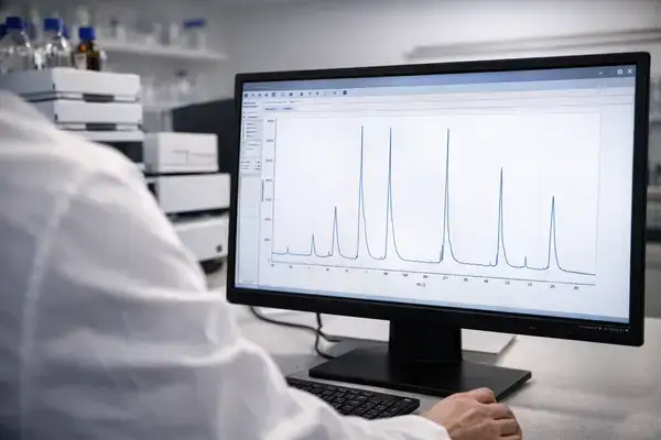 Researcher reviewing cyanocobalamin purity testing workflow results