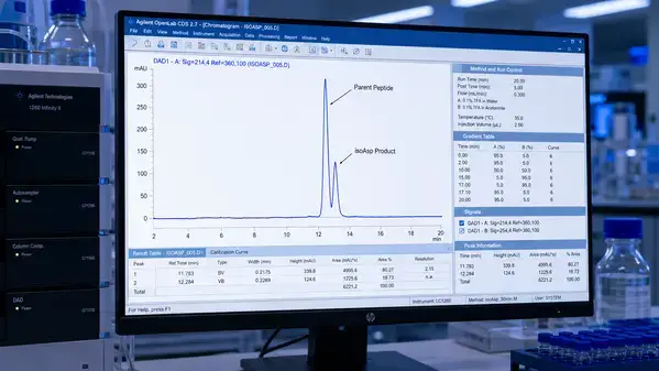 HPLC chromatogram tracking DSIP stability and isoaspartate degradation peaks