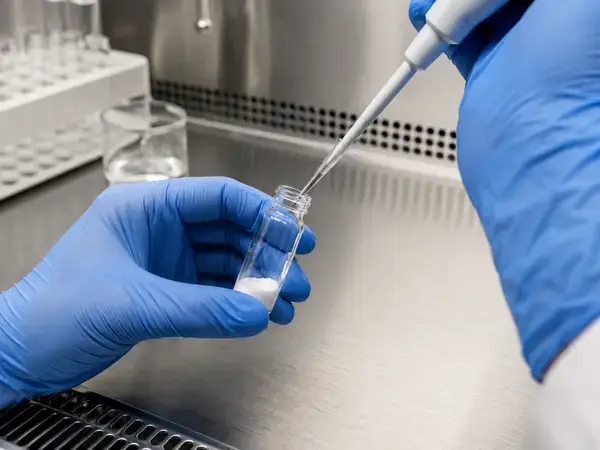 Reconstituting Epithalon by pipetting solvent into a vial 
