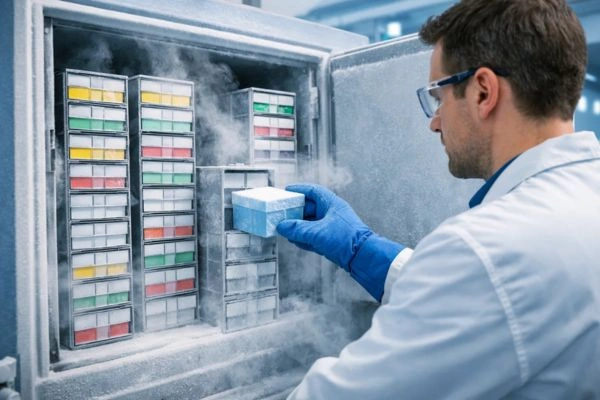 Researcher retrieving a cryogenic storage box from an ultra-low temperature laboratory freezer