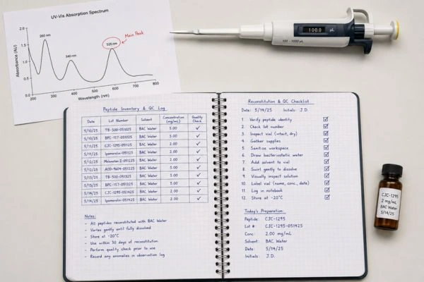 Lab notebook beside UV-Vis spectrum for quality verification