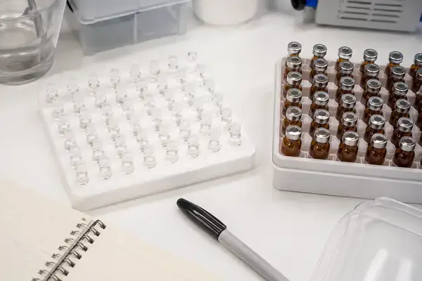 Aliquoted peptide samples organized for long-term laboratory storage