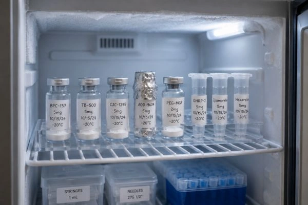 Labeled peptide vials stored in laboratory refrigerator