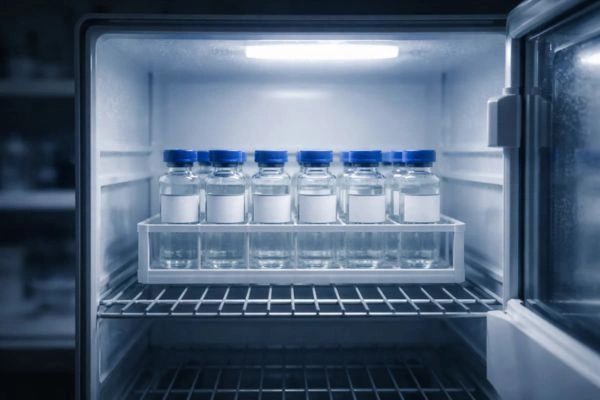 Peptide vials stored in laboratory refrigerator rack