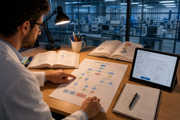 Researcher planning comparative GLP-1 T and GLP-3 R  peptide study at laboratory desk