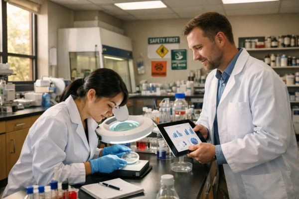 Two university researchers collaborating at laboratory bench