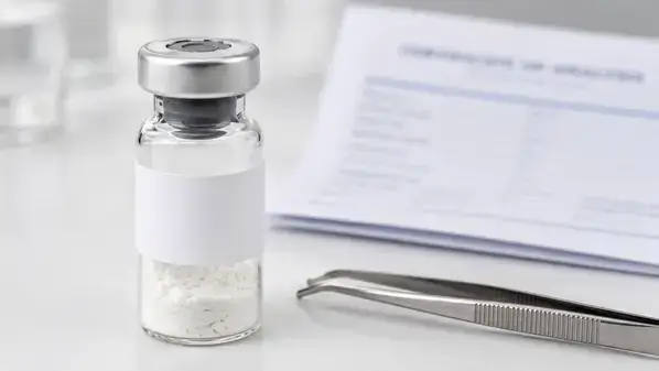 Lyophilized AOD-9604 peptide powder in a sealed laboratory storage vial