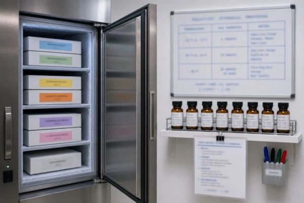 Organized laboratory peptide storage area with protocol chart