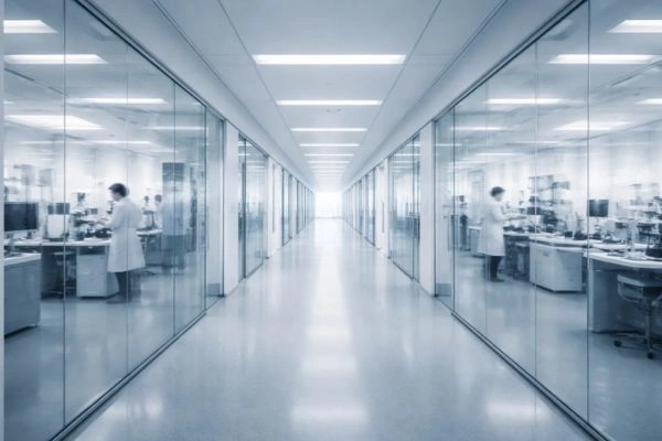 Modern biomedical research facility corridor with laboratories