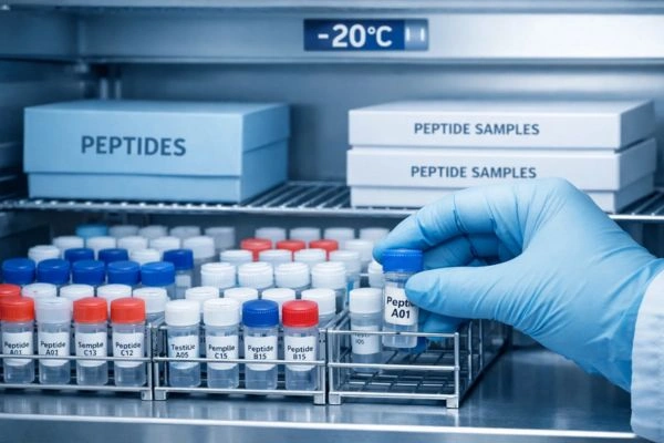 Gloved hand retrieving labeled vial from laboratory freezer