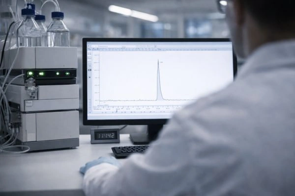 Researcher monitoring live HPLC chromatogram during peptide separation