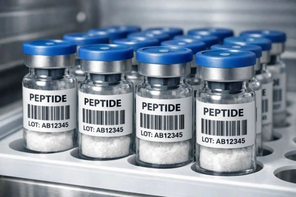 Labeled research grade GHK-Cu peptide vials cold storage