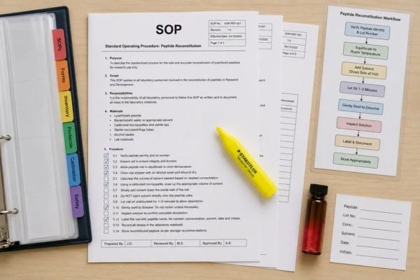 Printed standard operating procedure document on laboratory desk