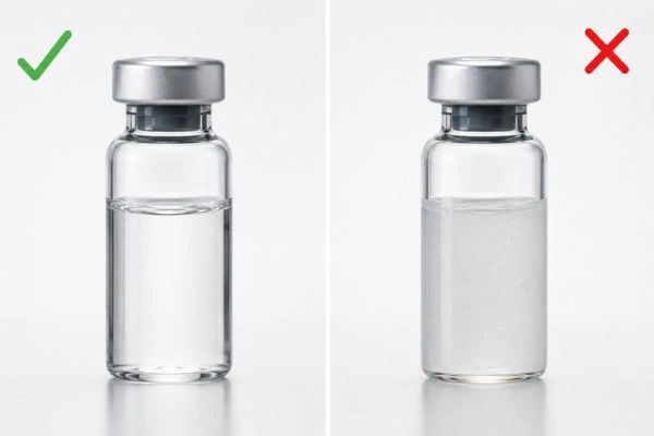 Clear versus cloudy reconstituted peptide solution comparison