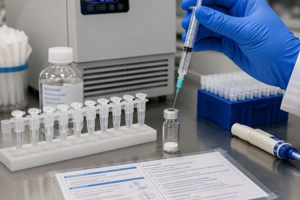 Reconstituting y prep stationlyophilized peptide vial at laborator