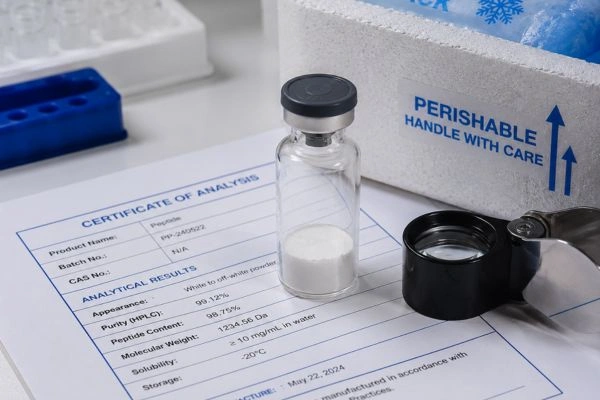 BPC-157 + TB-500 Research peptide vial with certificate of analysis document