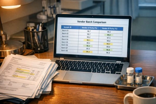Researcher comparing vendor batch data on laptop