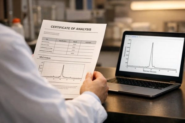 Researcher reviewing certificate of analysis NAD+ purity data
