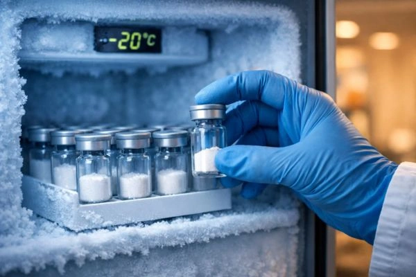BPC 157 Lyophilized peptide vials stored in laboratory freezer