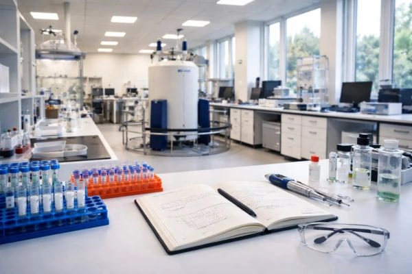 Organized research laboratory with NMR spectrometer background