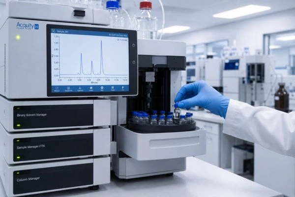 HPLC machine analyzing peptide sample in laboratory