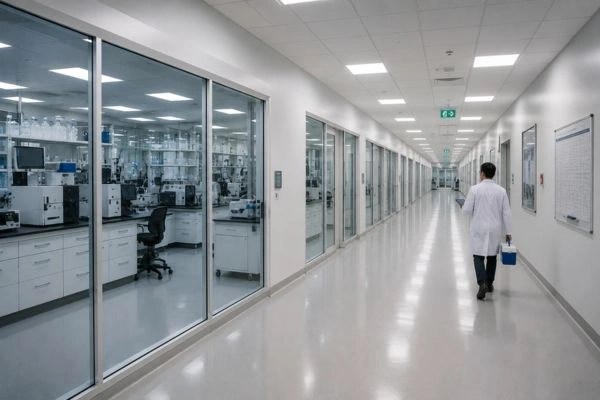 Researcher walking through modern peptide research facility 