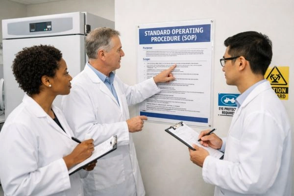 Research team reviewing peptide handling SOP together