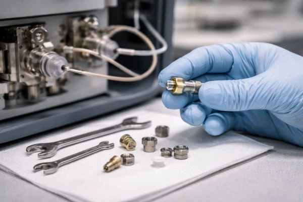 Researcher inspecting HPLC column fitting maintenance