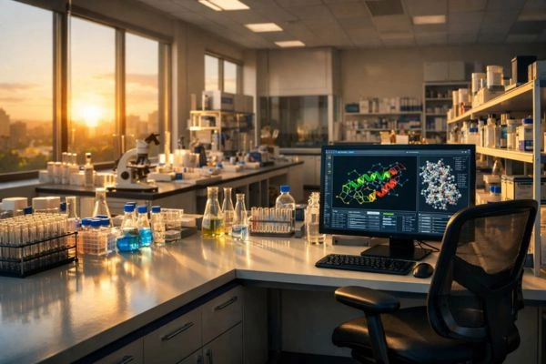Modern BPC 157 peptide research laboratory at golden hour