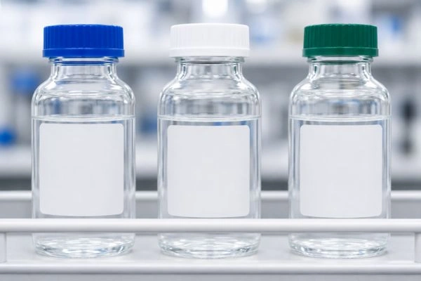 Three research solvent bottles on laboratory shelf