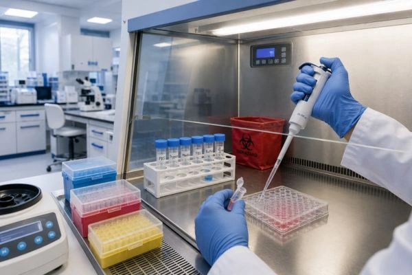 Researcher pipetting peptide solution into cell culture plate