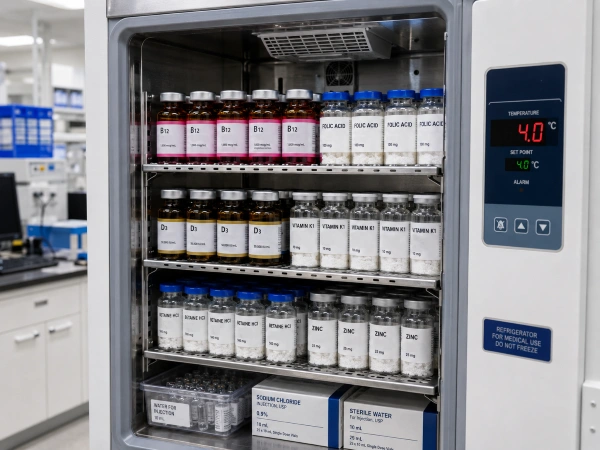 Laboratory refrigerator with stored B12 research vials