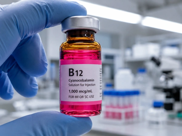 Gloved hand holding B12 vial under lab lighting