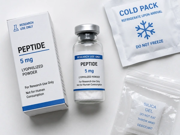 Sealed lyophilized peptide vial with shipping materials