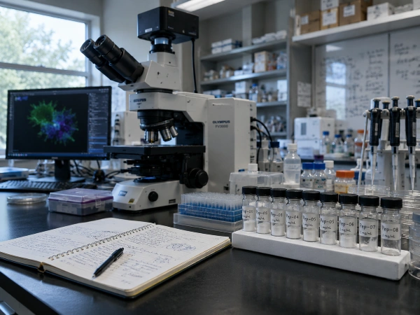Cell biology lab bench with microscope and sample vials