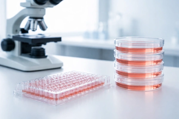 Cell culture plates near microscope
