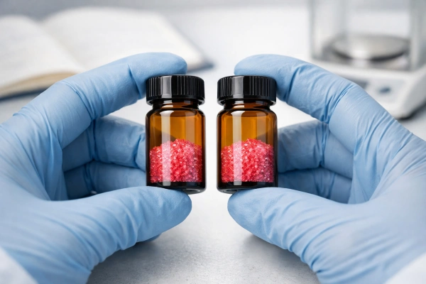 Gloved hands holding cyanocobalamin and methylcobalamin reference vials in a lab