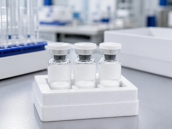 Grouped research peptide vials in a tray