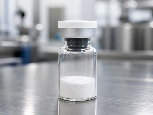 Unlabeled peptide vial on a lab surface