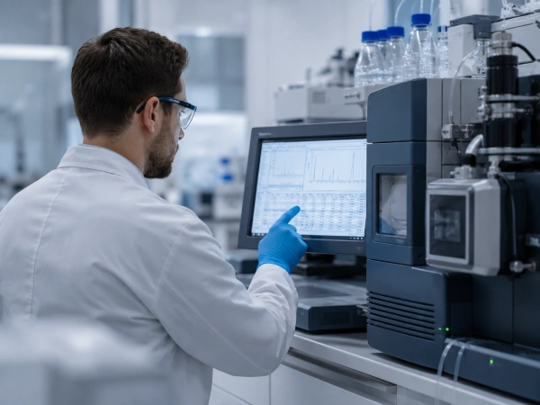 Scientist reviewing research data in laboratory