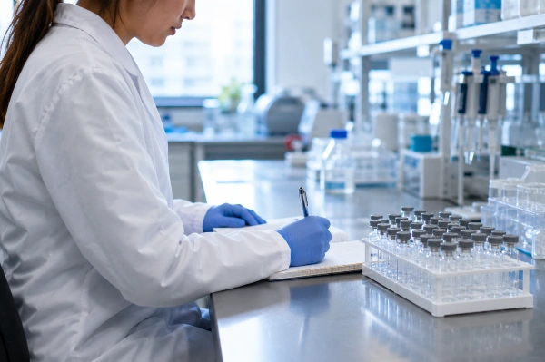 Researcher reviewing notes beside a vial rack