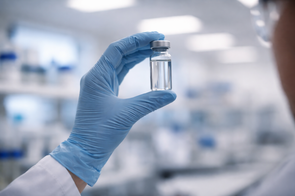 Researcher in nitrile gloves inspecting a vial of clear liquid under laboratory lighting
