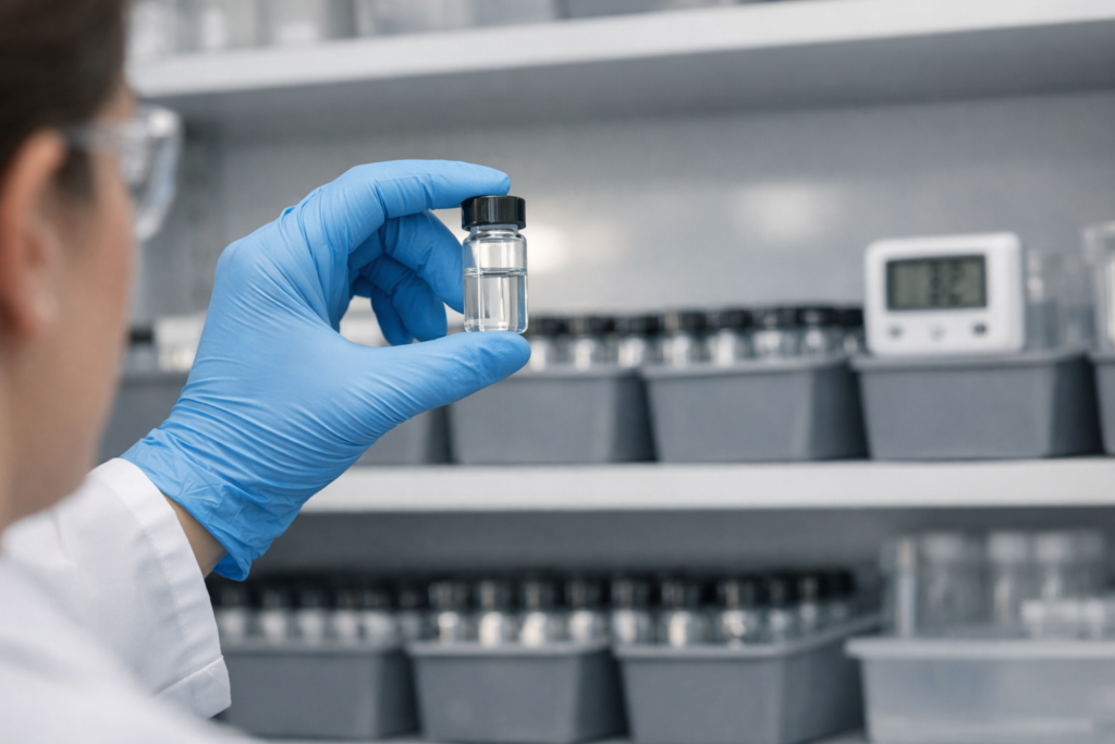 Organized laboratory cabinet with glass vials stored in opaque bins and a digital thermometer
