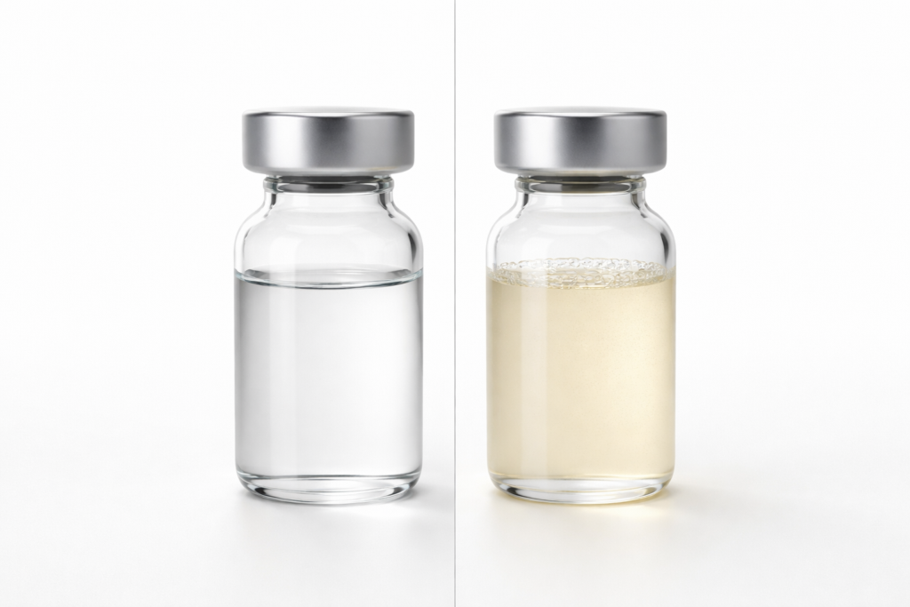 Clear colorless vial compared to a cloudy discolored vial against a white background
